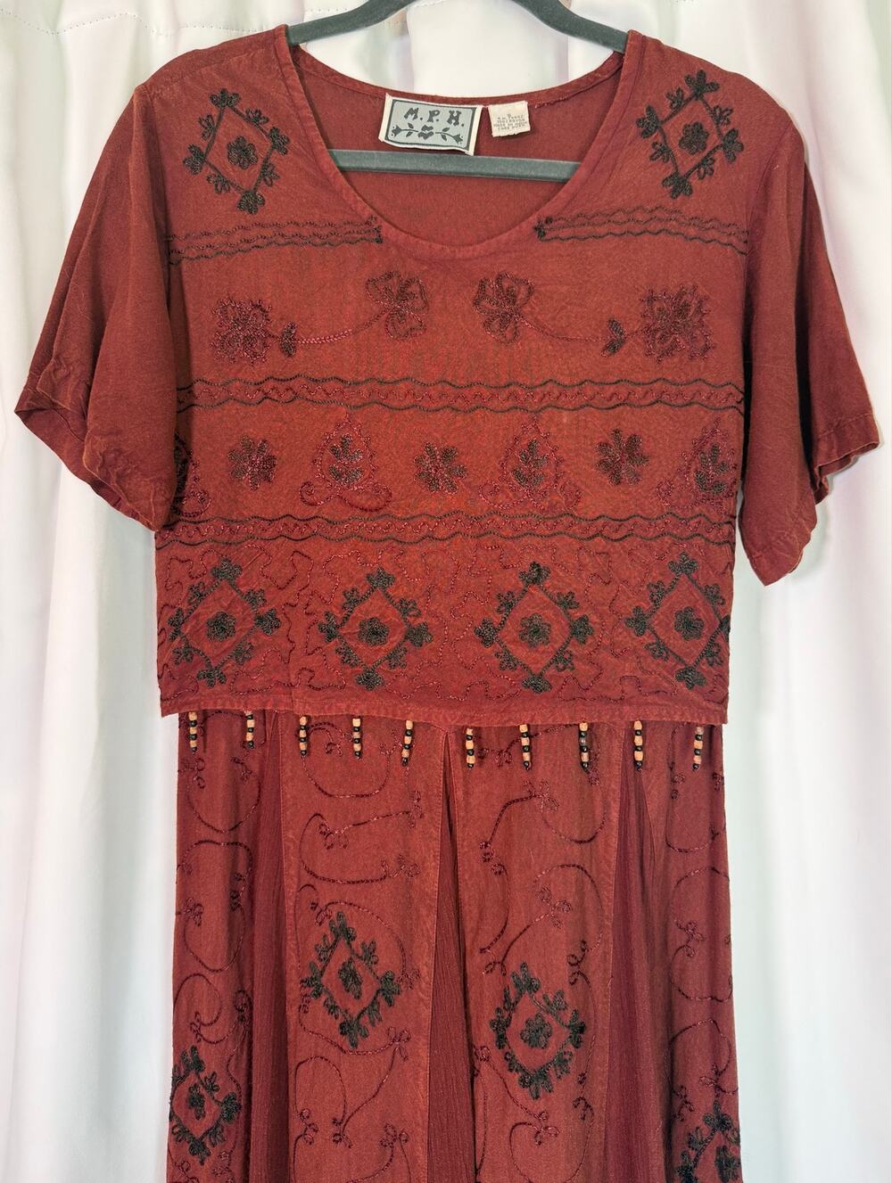 Vintage 90s Boho Embroidered Rayon Maxi Dress Rust Brown Artisan Small